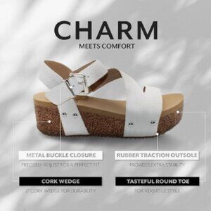 Volatile Biloxi Women’s Sandals SZ 10 Ivory Ankle Strap Cork Wedge Low Heel NIB